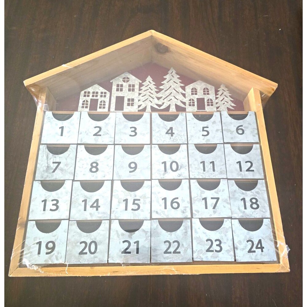 Honeybloom Christmas House Wooden Drawer Advent Calendar, 24 Drawers, Gray/Brown